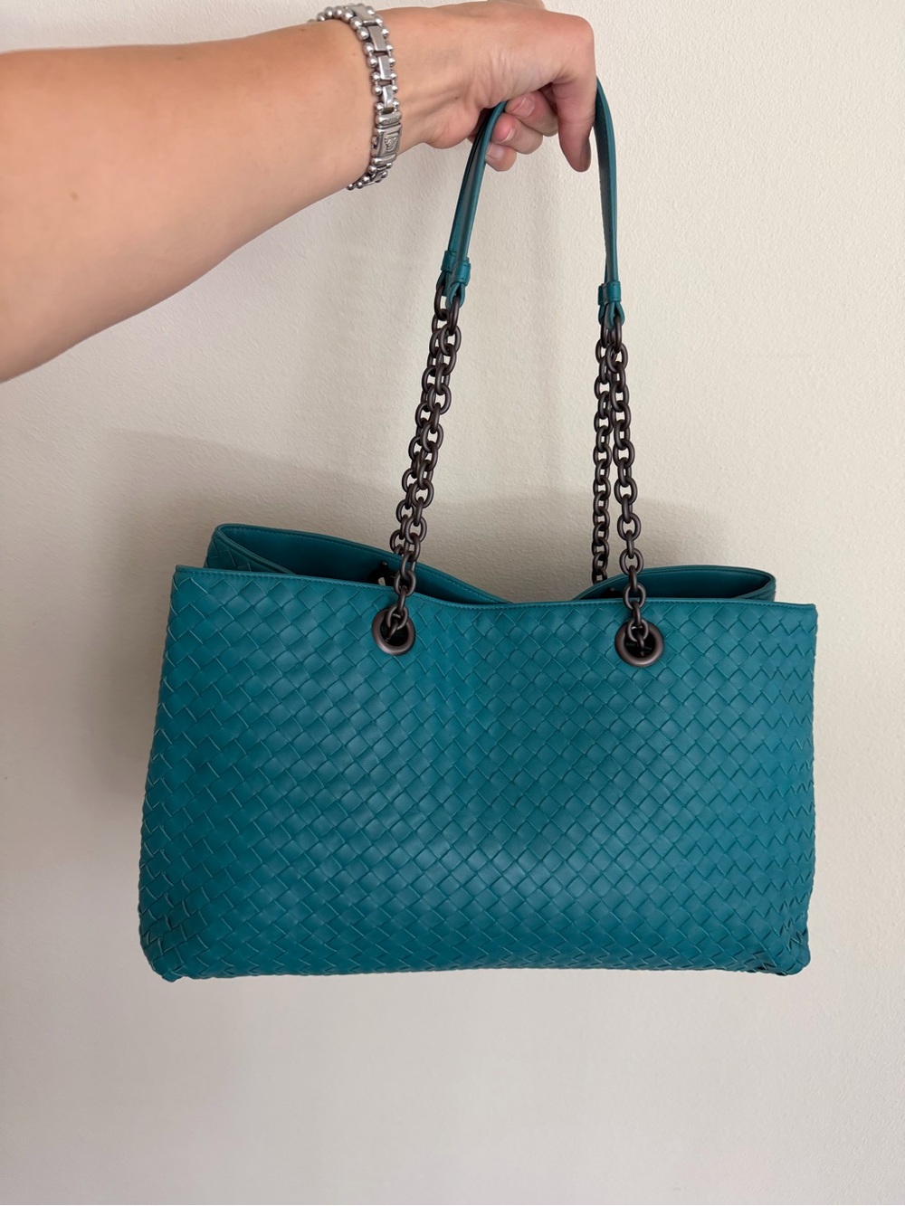 Bottega Veneta Intrecciato Turquoise Blue Gunmetal Chain Leather Tote